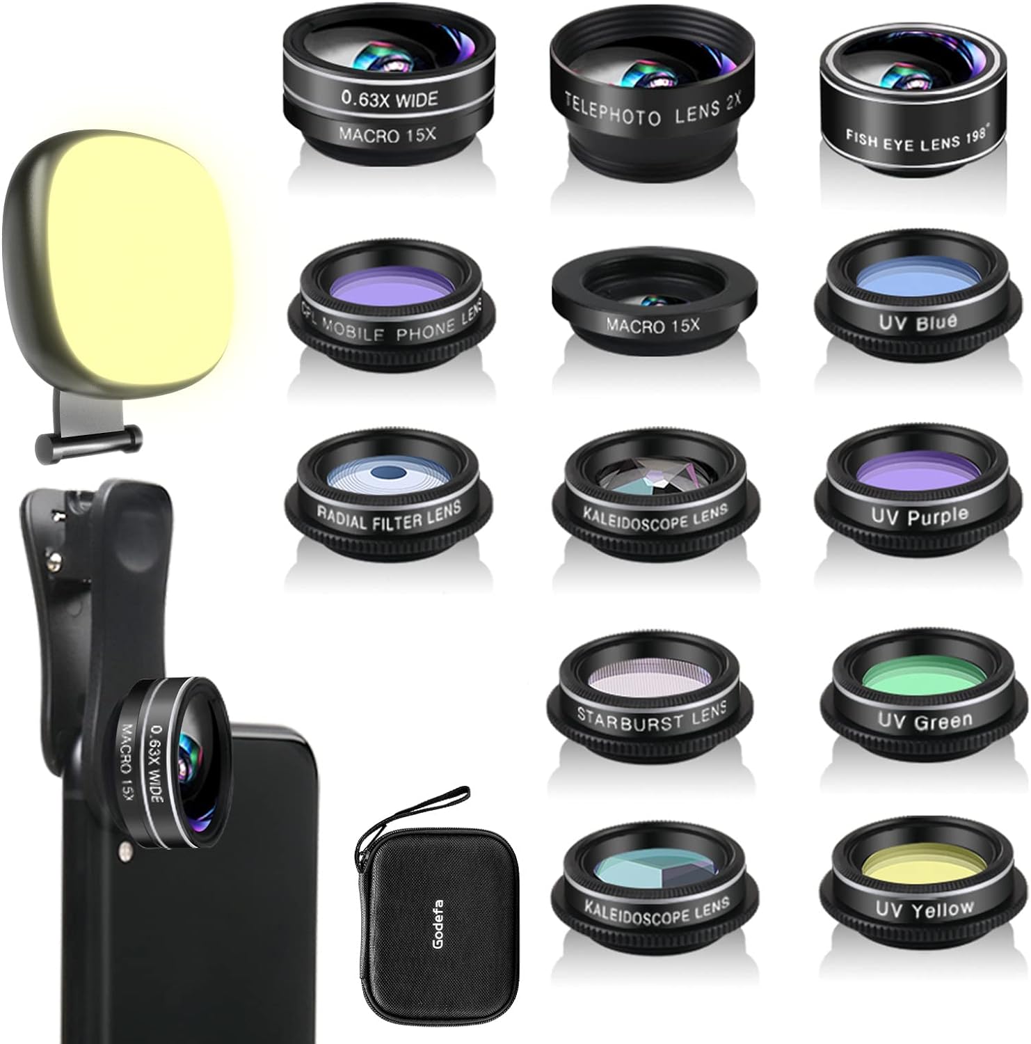 Godefa Phone Camera Lens Kit, 14 in 1 Lenses with Selfie Light for iPhone 14 13 12 11 Xs X Pro Samsung and Other Andriod Smartphone, Universal Clip on Wide Angle+Macro+ Fisheye Camera Lenses