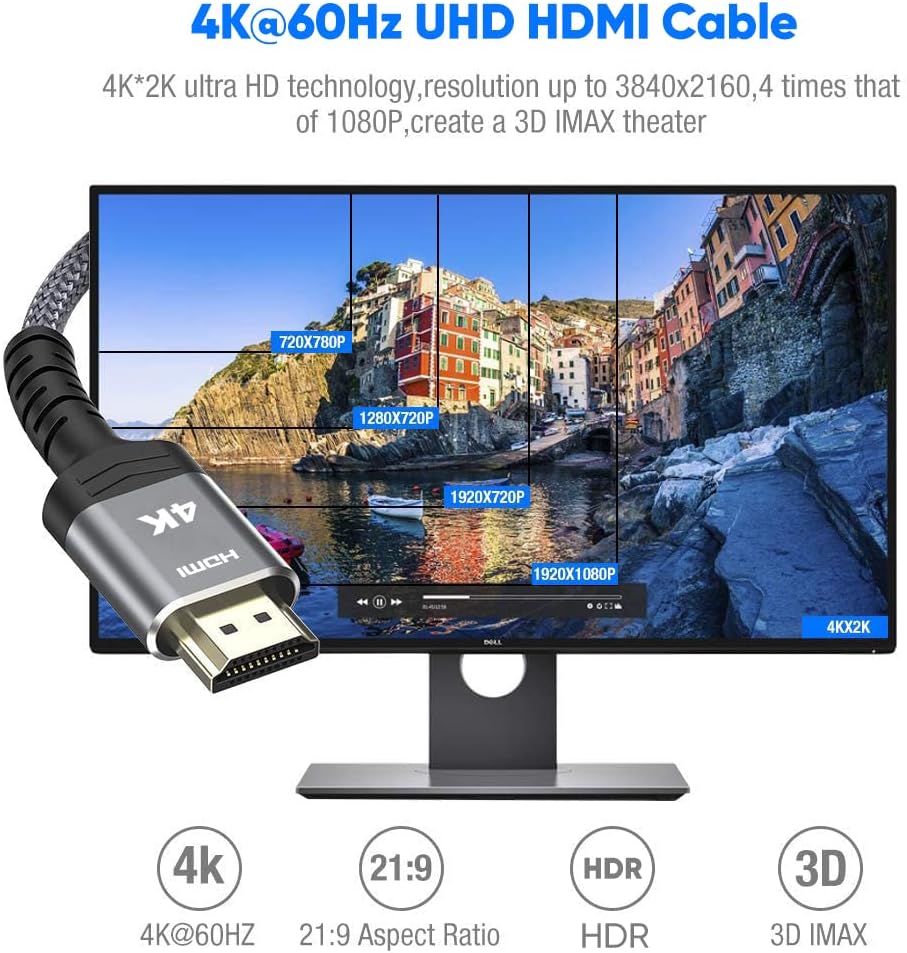 Highwings 4K 60HZ HDMI Cable 6.6FT, 18Gbps High Speed 2.0 Braided Cord-Supports (4K 60Hz HDR,Video 4K 2160p 1080p 3D HDCP 2.2 ARC-Compatible with Ethernet Monitor PS 4/3 HDTV 4K Fire Netflix