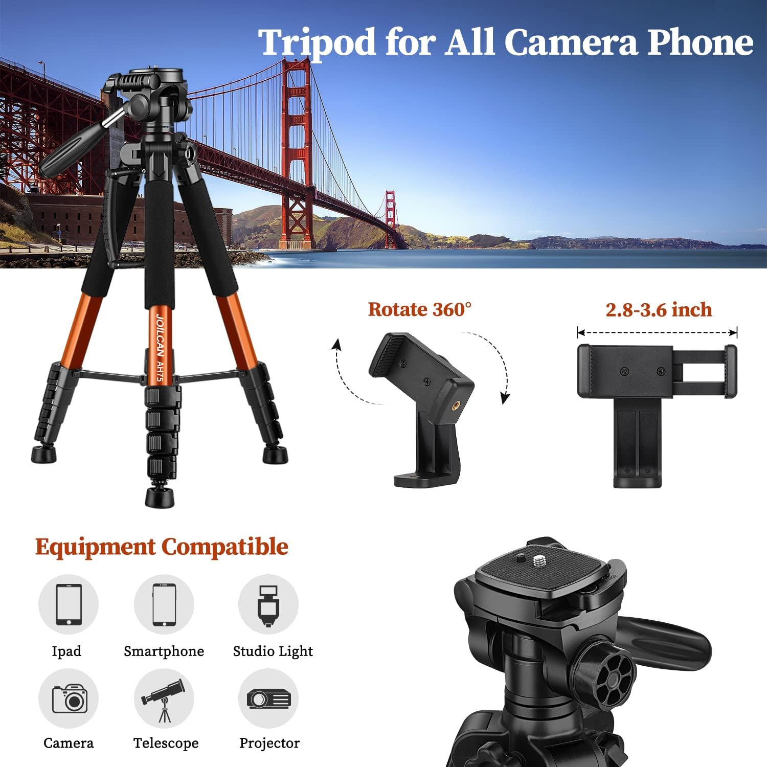 JOILCAN Tripod Camera Tripods, 74 Tripod for Camera Cell Phone Video Recording, Heavy Duty Tall Camera Tripod Stand, Professional Travel DSLR Tripods Compatible with Canon iPhone, Max Load 15 LB