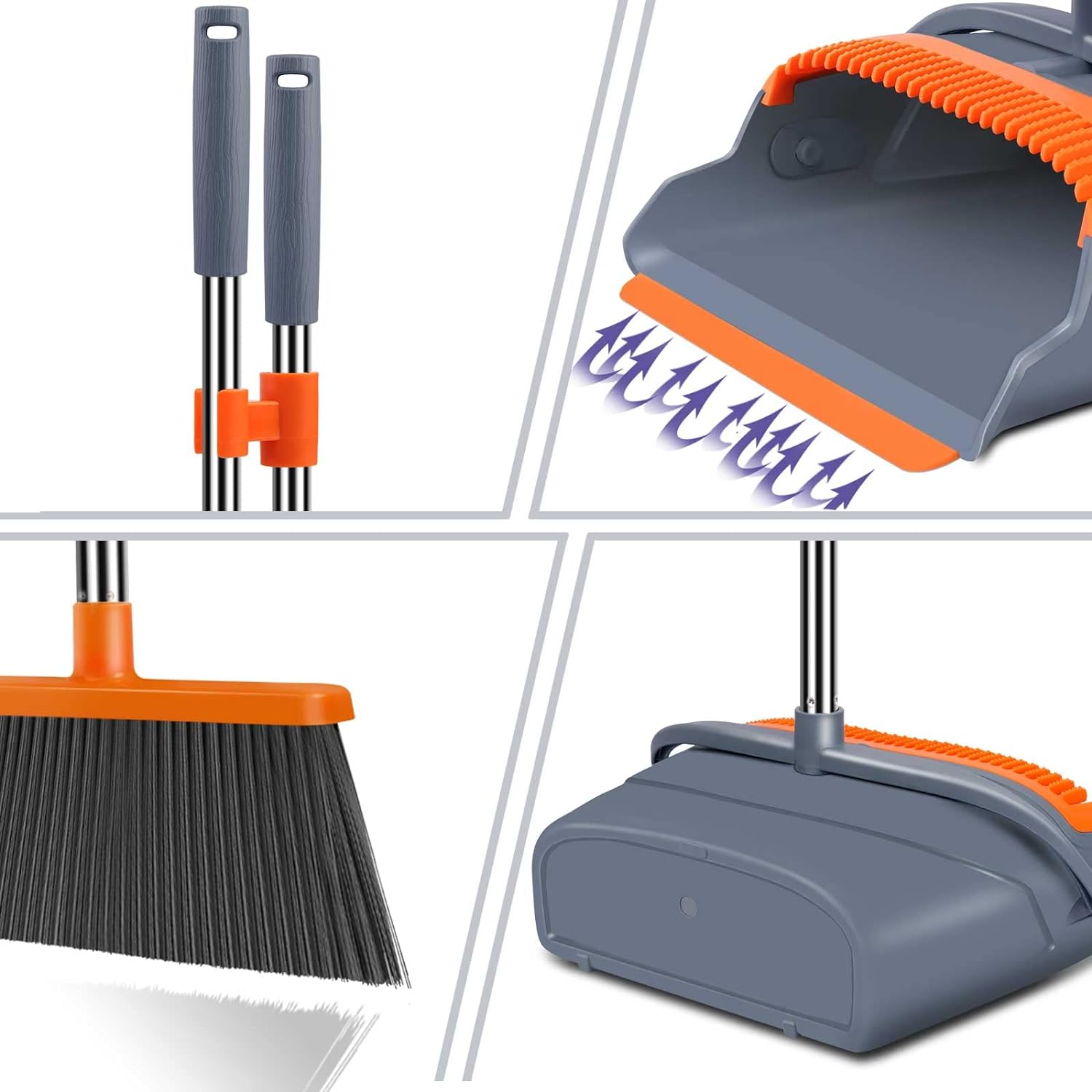 kelamayi Upgrade Broom and Dustpan Set, Self-Cleaning with Dustpan Teeth, IndoorOutdoor Sweeping, Ideal for Dog Cat Pets Home Use, Stand Up Broom and Dustpan (GrayOrange)