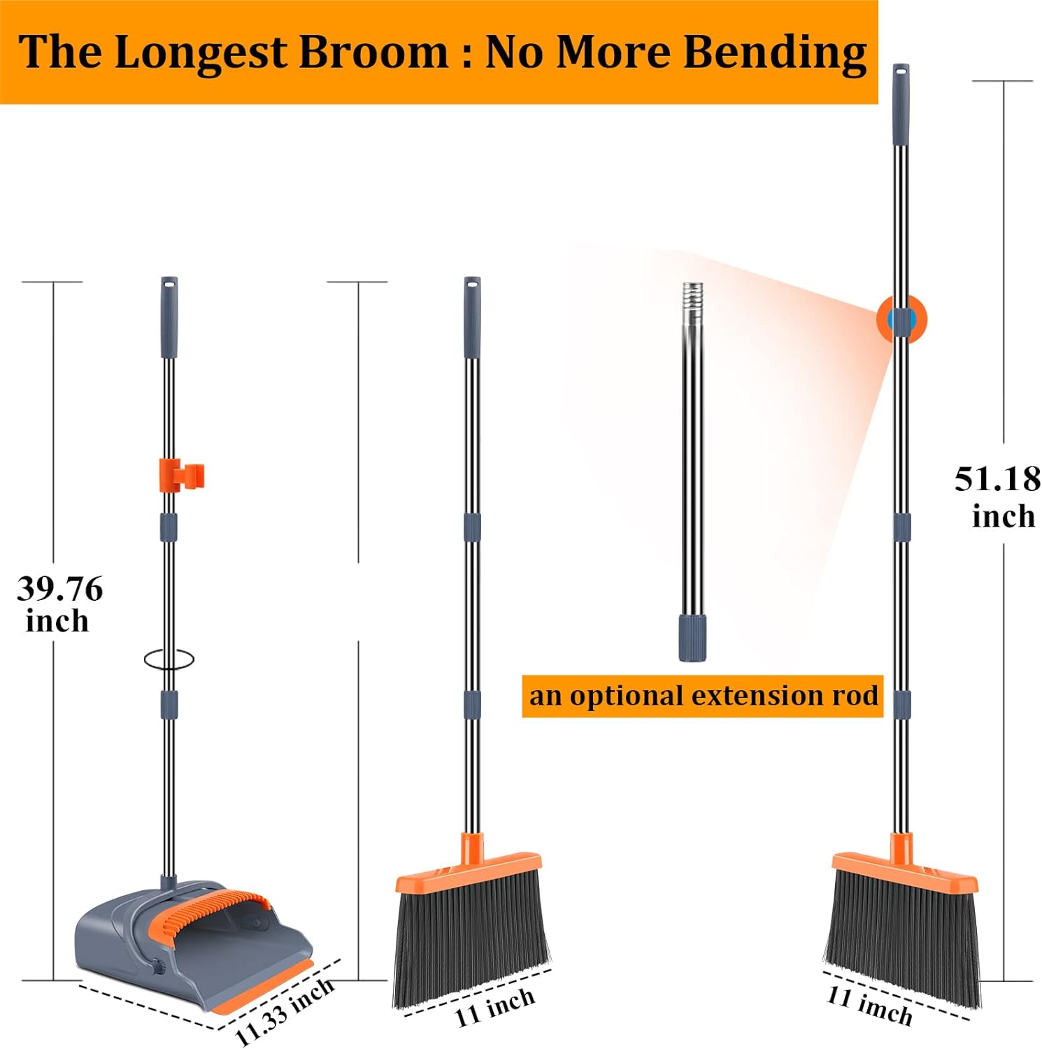 kelamayi Upgrade Broom and Dustpan Set, Self-Cleaning with Dustpan Teeth, IndoorOutdoor Sweeping, Ideal for Dog Cat Pets Home Use, Stand Up Broom and Dustpan (GrayOrange)