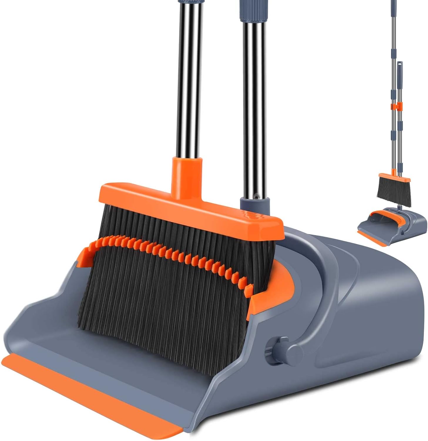 kelamayi Upgrade Broom and Dustpan Set, Self-Cleaning with Dustpan Teeth, IndoorOutdoor Sweeping, Ideal for Dog Cat Pets Home Use, Stand Up Broom and Dustpan (GrayOrange)