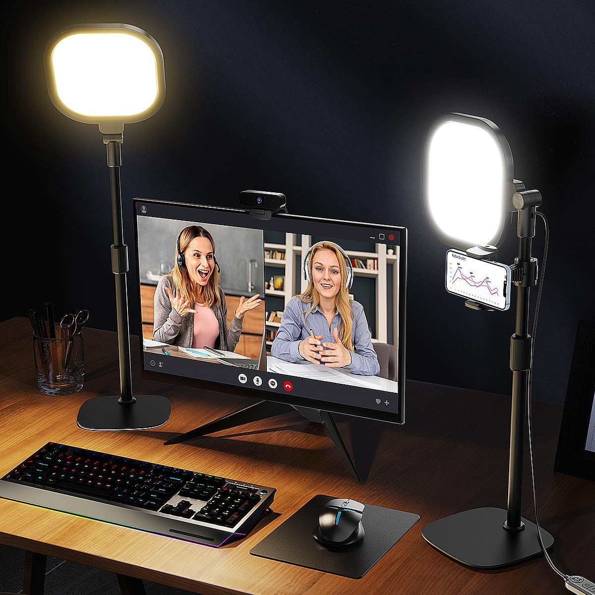 LitONES 2Pcs Desktop Video Conference Light for Zoom Meeting, Computer, Laptop, Work from Home with Nature Soft Light, Adjustable Brightness  Color Temp and Flexible Stand  Versatile Phone Holder