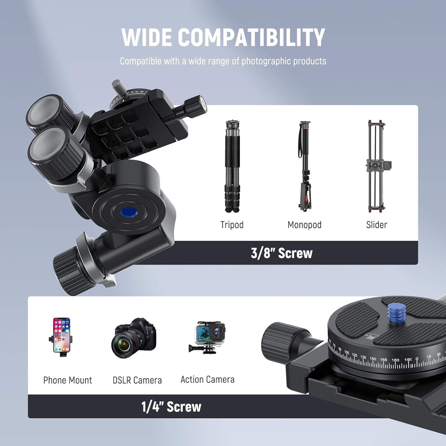 NEEWER 3 Way Geared Tripod Head Supports Millimeter Micro Adjustment, 360° Panoramic Arca Type QR Plate, 3 Axis Pan/Tilt Fluid Head with Large/Fine Quick Switch Dual Mode, Max Load 13.2lb/6Kg, GM38