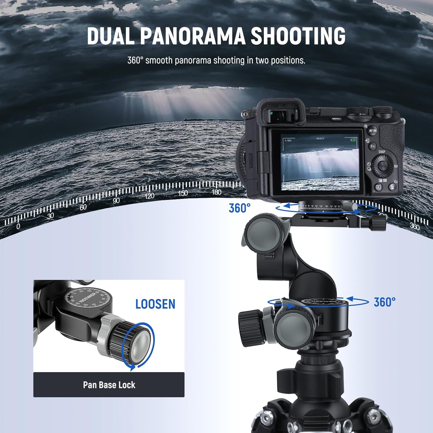 NEEWER 3 Way Geared Tripod Head Supports Millimeter Micro Adjustment, 360° Panoramic Arca Type QR Plate, 3 Axis Pan/Tilt Fluid Head with Large/Fine Quick Switch Dual Mode, Max Load 13.2lb/6Kg, GM38