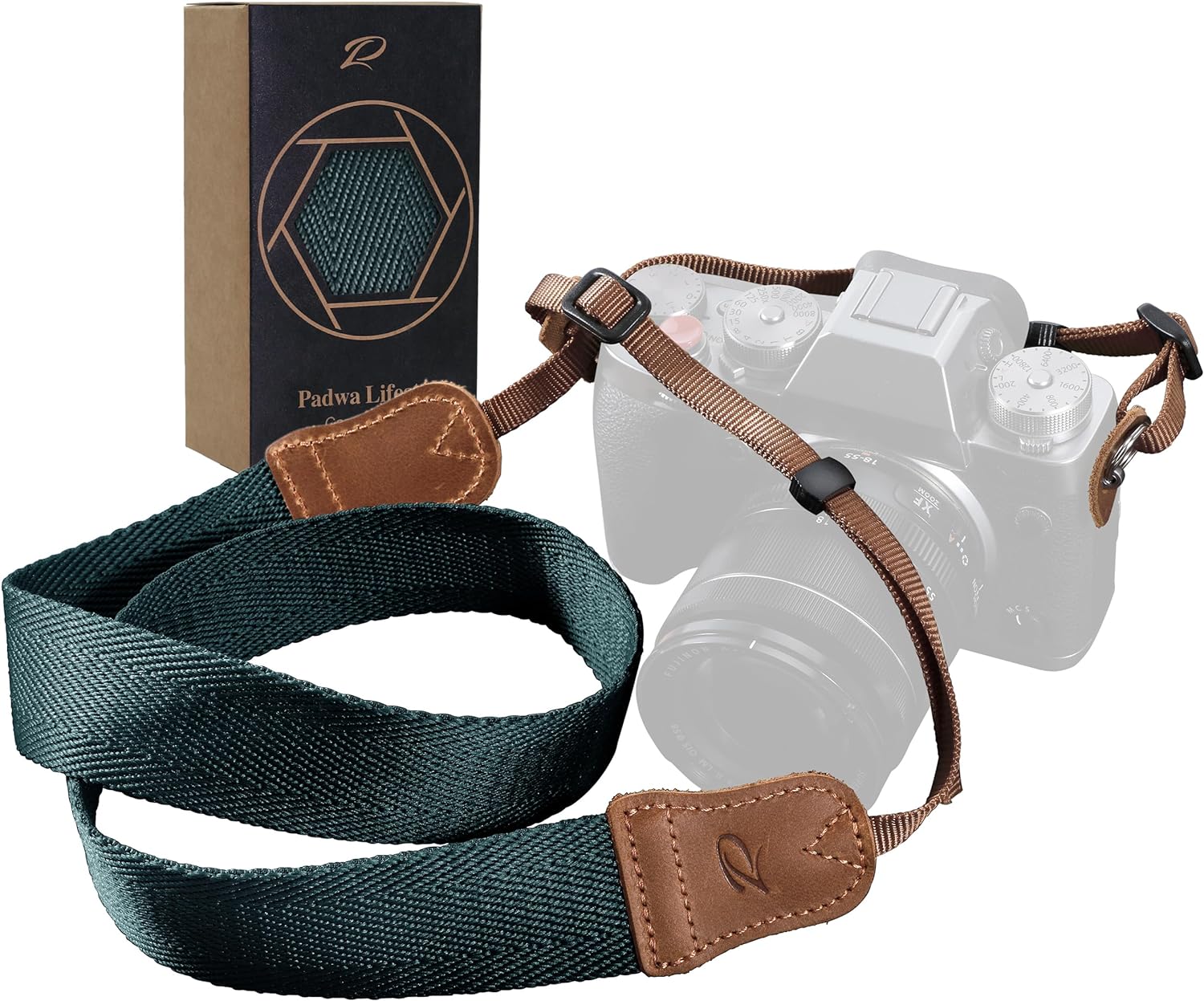 Padwa Lifestyle Dark Blue Green Camera Strap -Double Layer Crazy Horse Cowhide End,1.5 Wide Pure Cotton Woven Camera Straps,Adjustable Neck Shoulder Strap for All DSLR Cameras,Gift for Photographers