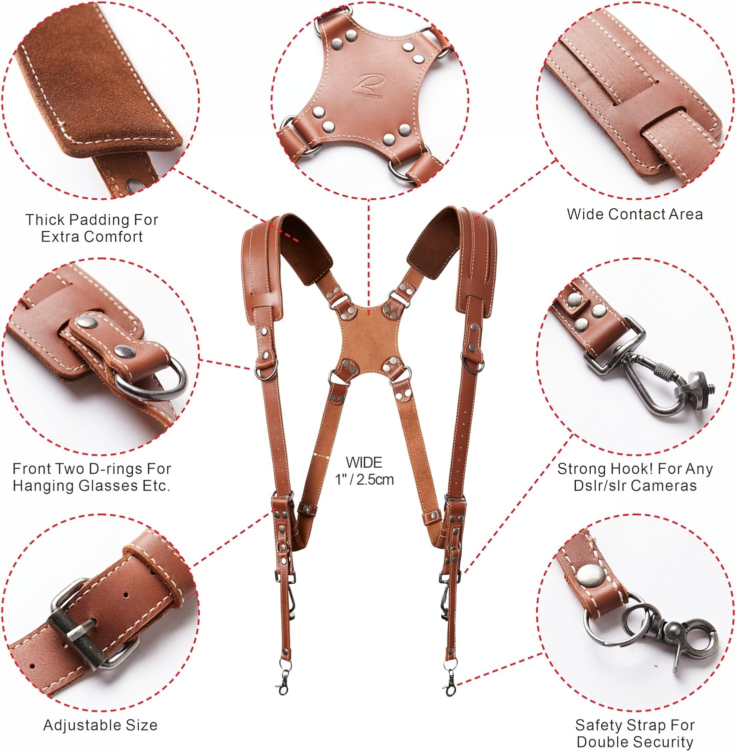 Padwa Lifestyle Tan Dual Camera Harness Strap for Two-Cameras - Dual Shoulder Full Grain Leather Harness,Multi Double Camera Gear for DSLR/SLR Strap,Double Camera Harness for Photographers