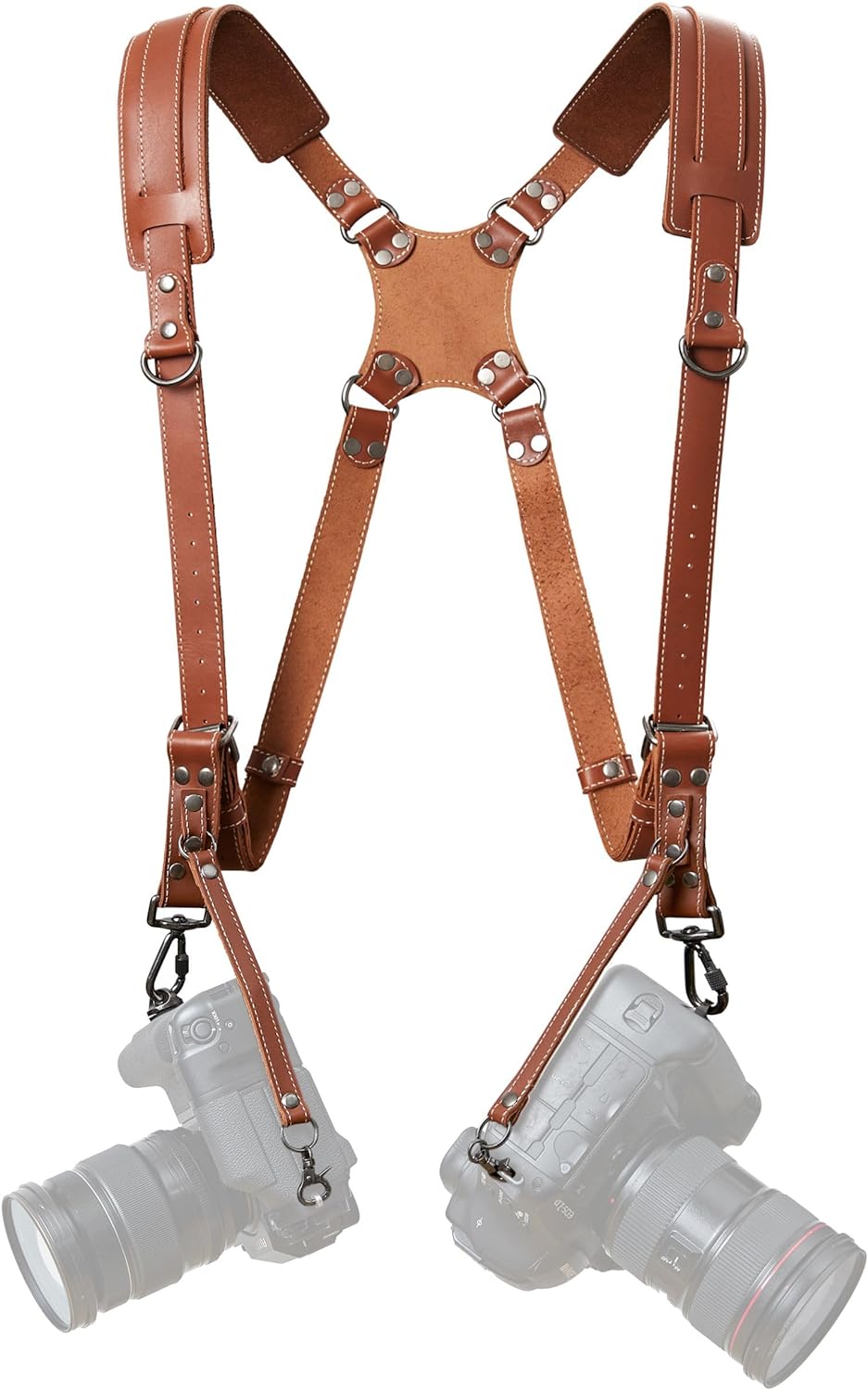 Padwa Lifestyle Tan Dual Camera Harness Strap for Two-Cameras - Dual Shoulder Full Grain Leather Harness,Multi Double Camera Gear for DSLR/SLR Strap,Double Camera Harness for Photographers