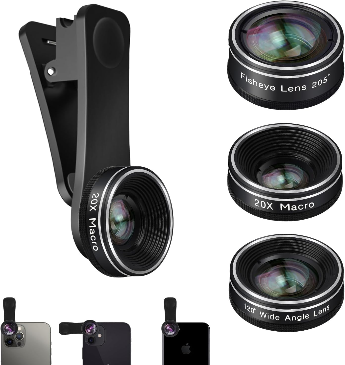 Phone Camera Lens, 198 Fisheye Lens + 120 Super Wide-Angle Lens + 20x Macro Lenses Camera Photography Accessories kit Gadgets for iPhone Samsung Android Smartphone