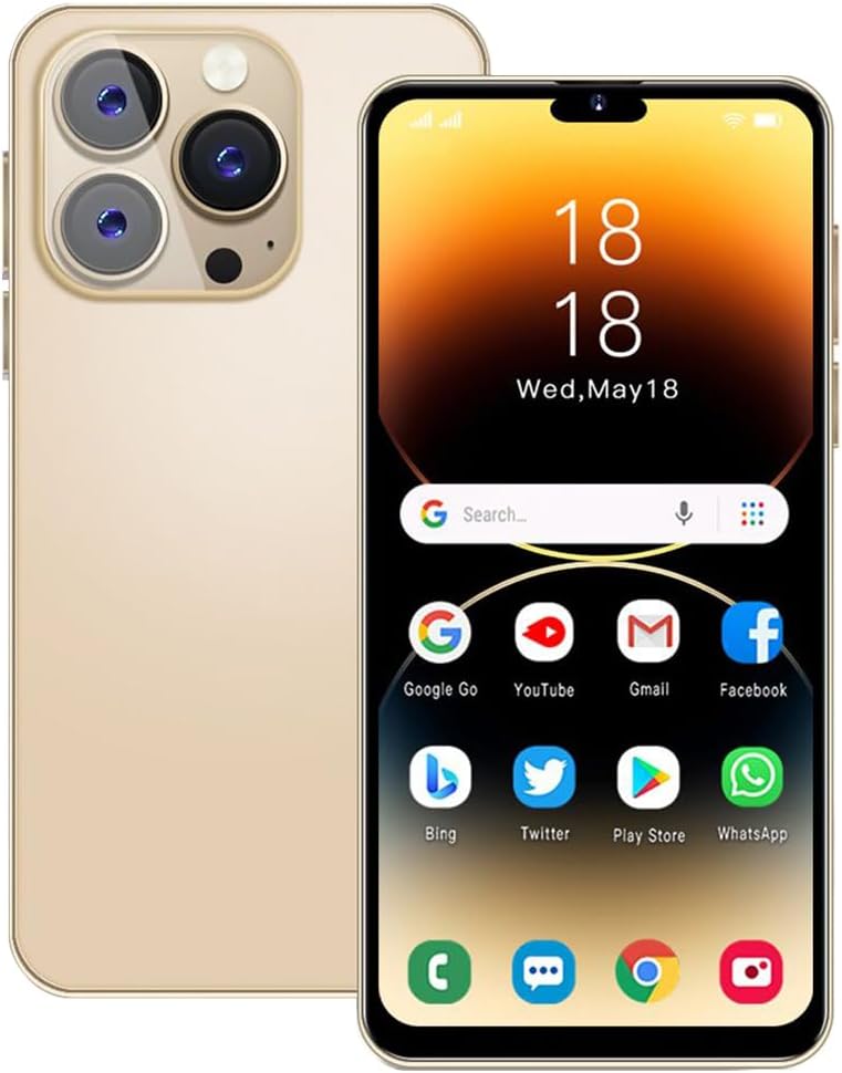 PrzSay Unlocked Smartphone, 6.3 inch HD Display, Android10.0, Dual SIM, Dual Cameras, 1GB RAM+16GB ROM (Expandable to 128GB), Support: WiFi, Bluetooth, GPS 3G Mobile Phones (Golden)