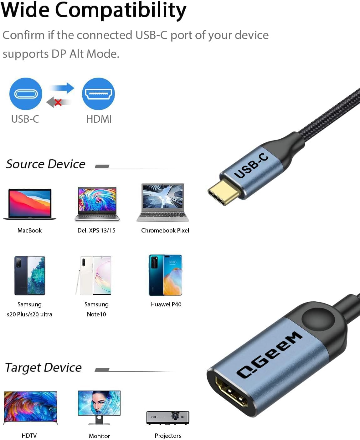 QGeeM USB C to HDMI Adapter 4K Cable, USB Type-C to HDMI Adapter [Thunderbolt 3/4] HDMI Adapter for Laptop MacBook Pro/Air, iPhone15 Pro max, Dell XPS, HP.Pixelbook, Thinkpad,Surface,Ipad Pro etc.