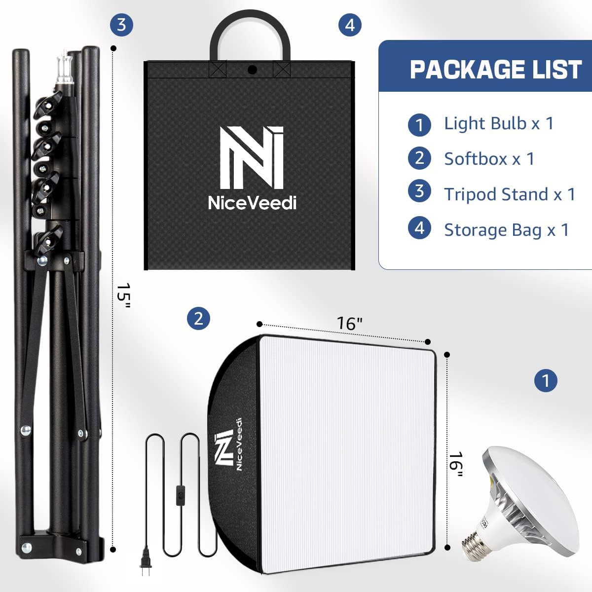 Softbox Lighting Kit, NiceVeedi 16 x 16 Softbox Photography Lighting Kit with 63” Tripod Stand  5400K 450W Equivalent LED Bulb, Continuous Lighting for Photography/Video Record/Live Streaming