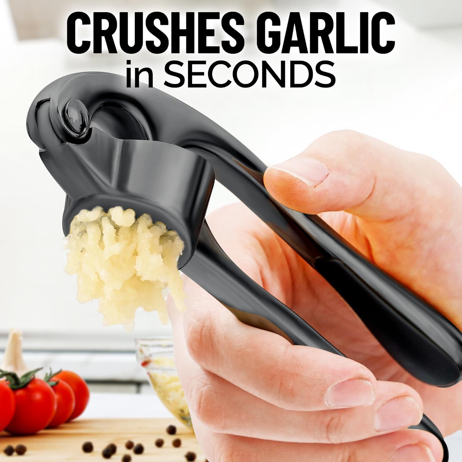 Zulay Kitchen Premium Garlic Press Set - Rust Proof  Dishwasher Safe Professional Garlic Mincer Tool - Easy-Squeeze, Easy-Clean with Soft, Ergonomic Handle - Silicone Garlic Peeler  Brush (Silver)